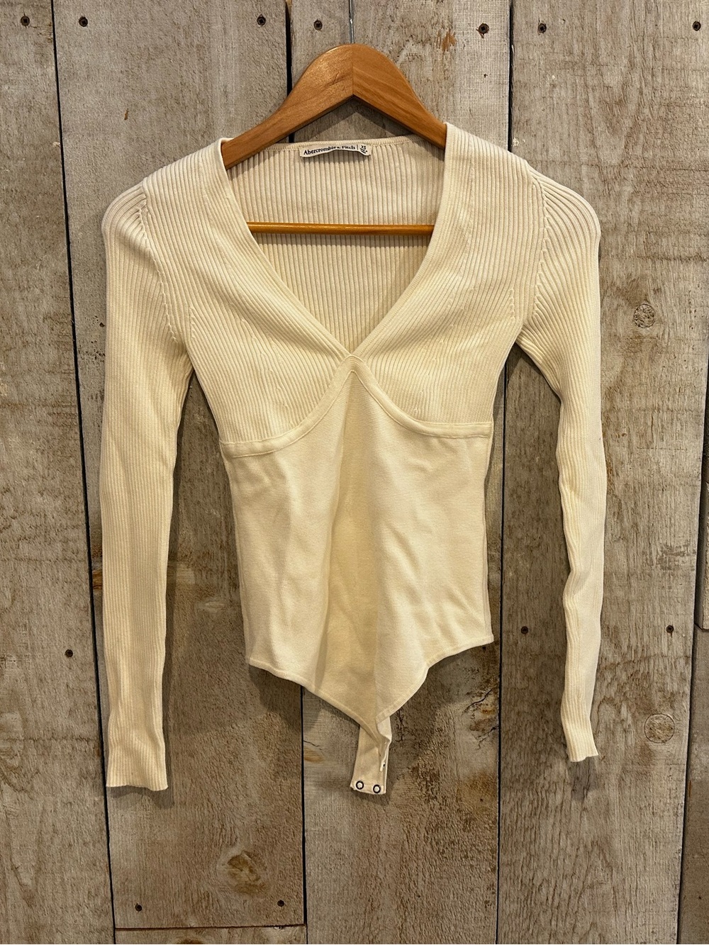 Abercrombie Cream Ribbed V-Neck Long-Sleeve Bodysuit